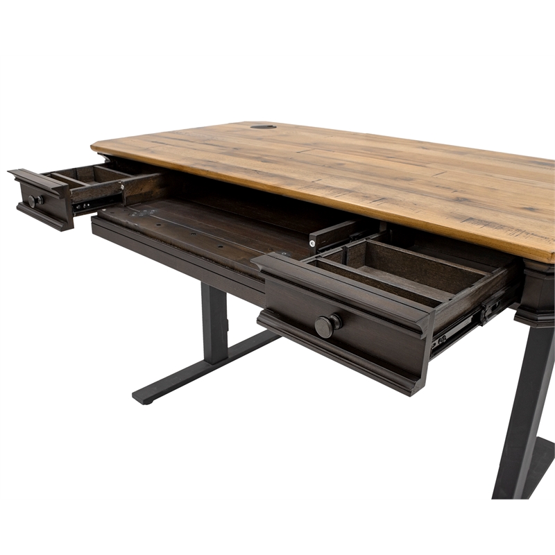 Pemberly Row Executive Electric Sit-Stand Desk w/ Solid Wood Plank Top in Brown