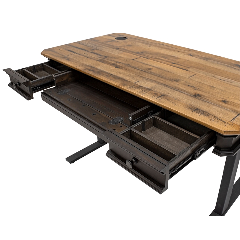 Pemberly Row Executive Electric Sit-Stand Desk w/ Solid Wood Plank Top in Brown
