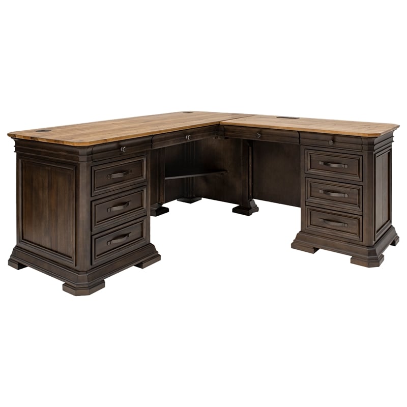 Pemberly Row Executive L-Desk and Return with Solid Wood Plank Top in Brown