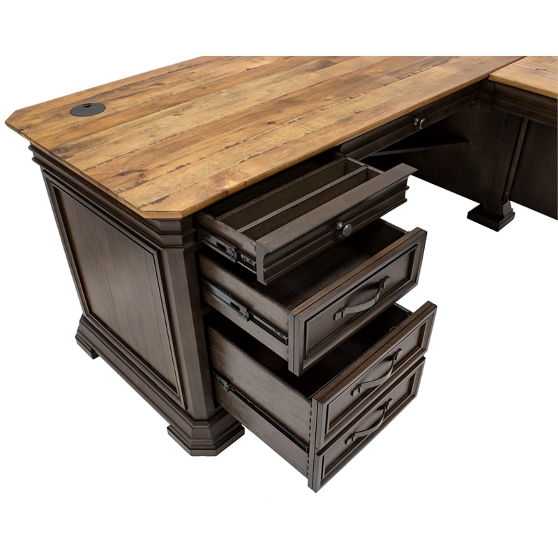 Pemberly Row Executive L-Desk and Return with Solid Wood Plank Top in Brown