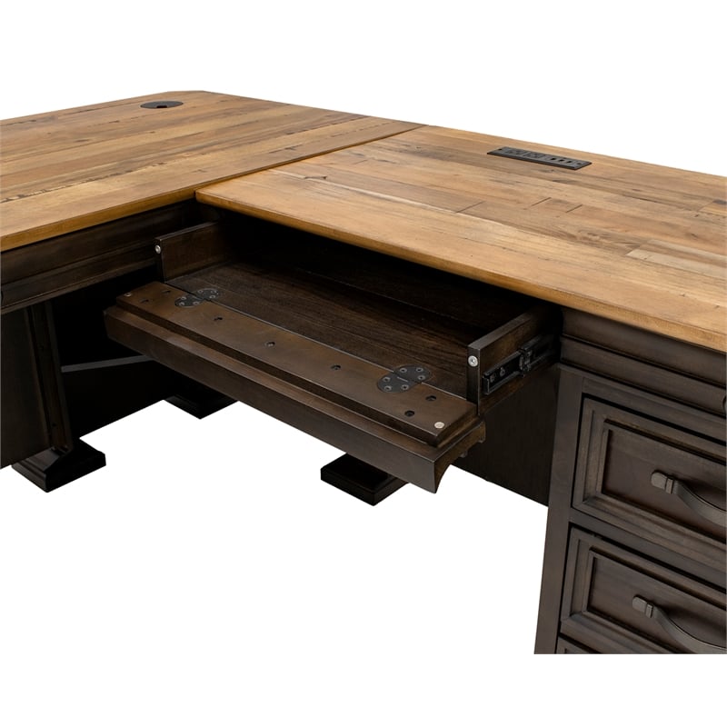Pemberly Row Executive L-Desk and Return with Solid Wood Plank Top in Brown