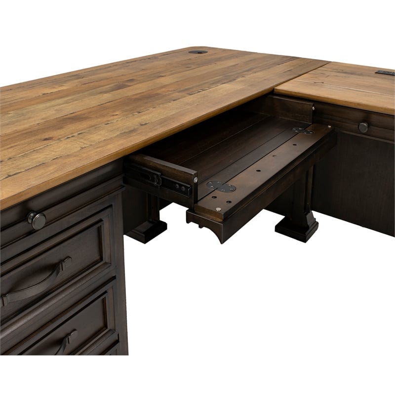 Pemberly Row Executive L-Desk and Return with Solid Wood Plank Top in Brown