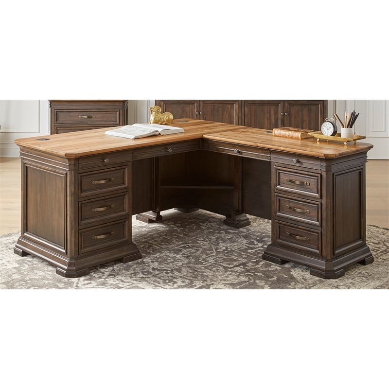 Pemberly Row Executive L-Desk and Return with Solid Wood Plank Top in Brown