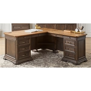 Pemberly Row Executive L-Desk and Return with Solid Wood Plank Top in Brown
