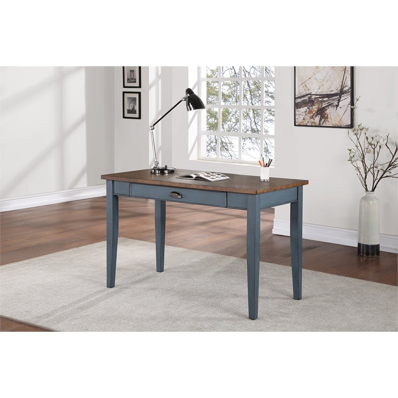 Pemberly Row Farmhouse Wood Writing Desk with Power Center in Dusty Blue