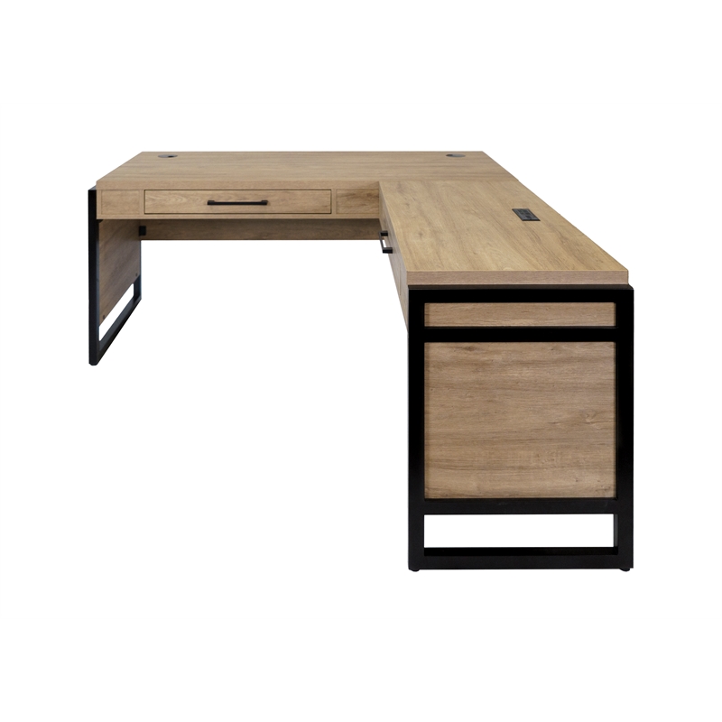 Pemberly Row Wood L-Desk with Return & Power Center & Pencil Drawer in Brown
