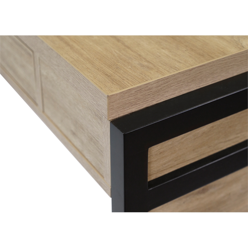 Pemberly Row Wood L-Desk with Return & Power Center & Pencil Drawer in Brown