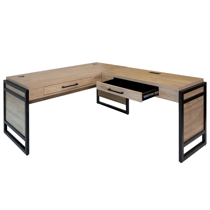 Pemberly Row Wood L-Desk with Return & Power Center & Pencil Drawer in Brown