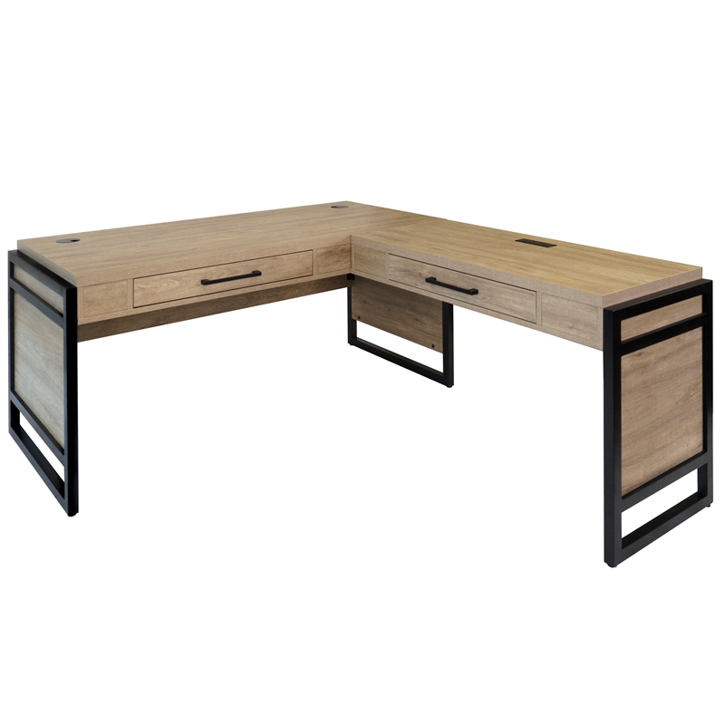 Pemberly Row Wood L-Desk with Return & Power Center & Pencil Drawer in Brown