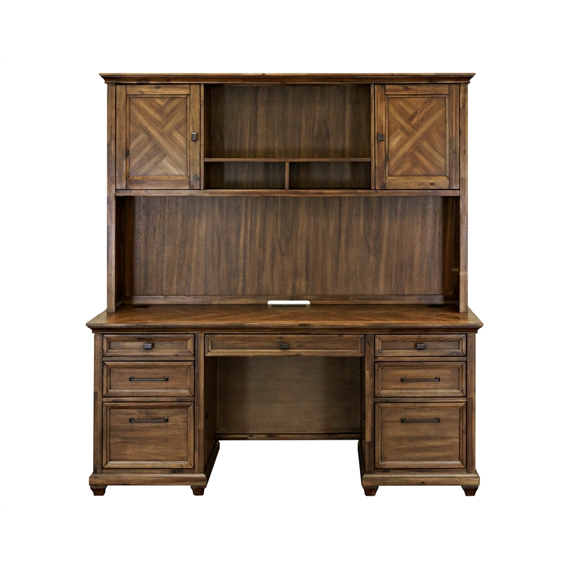 Pemberly Row Hutch with Herringbone Doors & Adjustable Shelves in Natural Brown