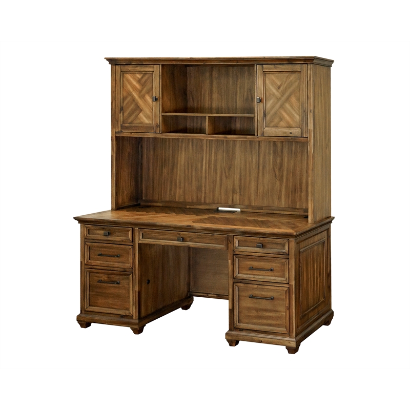 Pemberly Row Hutch with Herringbone Doors & Adjustable Shelves in Natural Brown