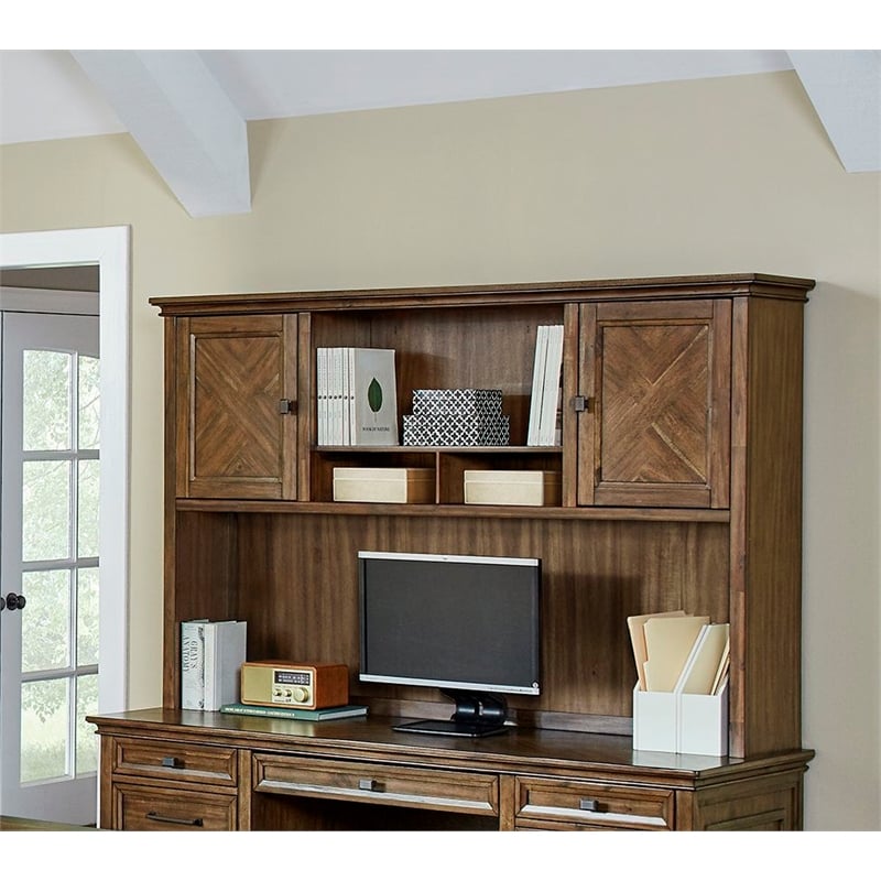 Pemberly Row Hutch with Herringbone Doors & Adjustable Shelves in Natural Brown