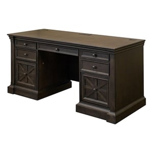Pemberly Row 66&quot Credenza with Locking File Drawers & Power Center in Dark Brown