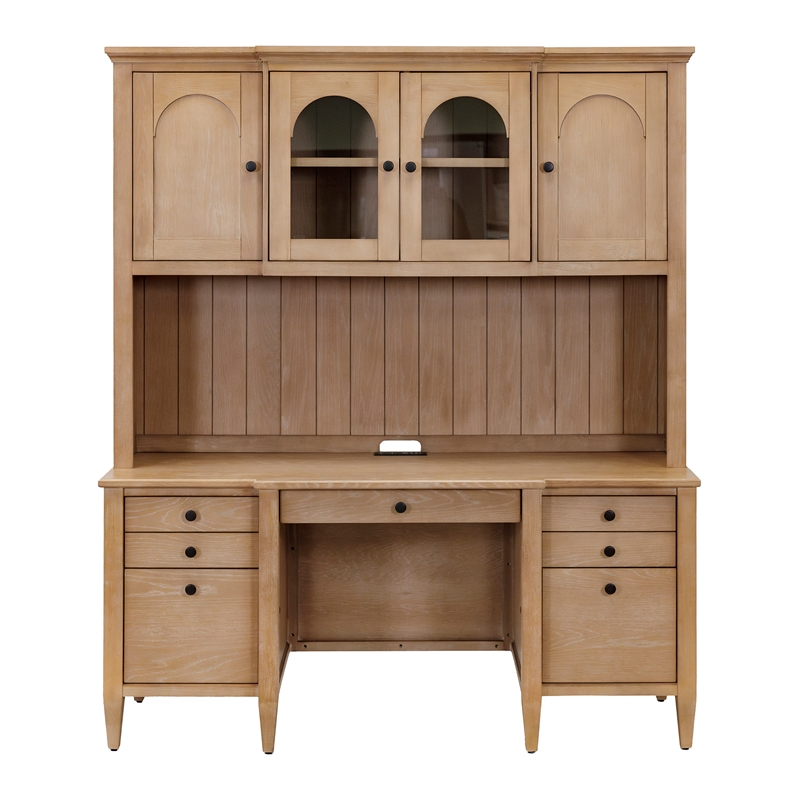 Pemberly Row Wood Hutch with Glass and Wood Doors - Fully Assembled in Light Oak