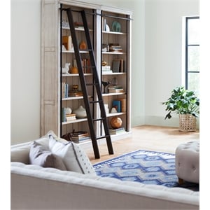 Pemberly Row 80&quot Wood Bookcase Wall with Rolling Ladder in Aged White