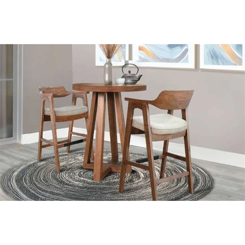 Pemberly Row Round Mindi Wood Bar Table with Cross-Base Pedestal in Deep Cinder
