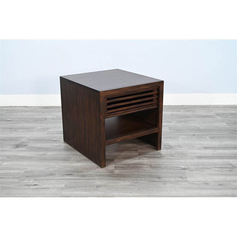 Pemberly Row Coffee Brown End Table with Slatted Drawer and Open Shelf