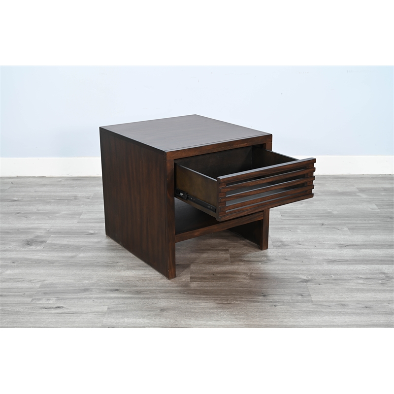 Pemberly Row Coffee Brown End Table with Slatted Drawer and Open Shelf