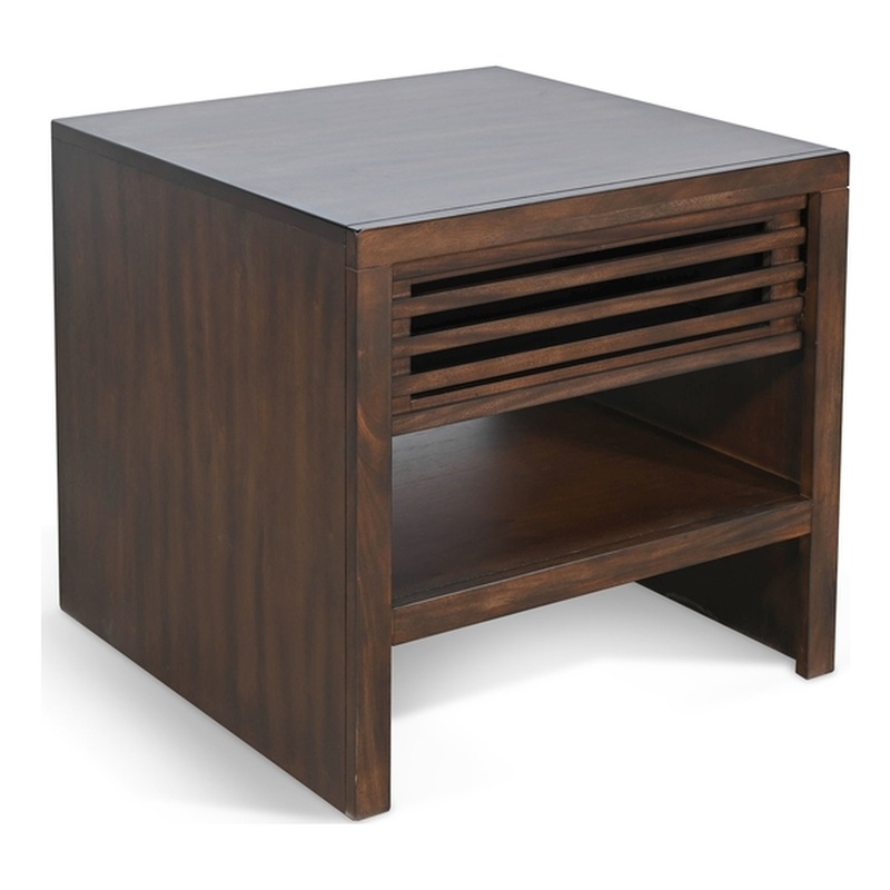 Pemberly Row Coffee Brown End Table with Slatted Drawer and Open Shelf