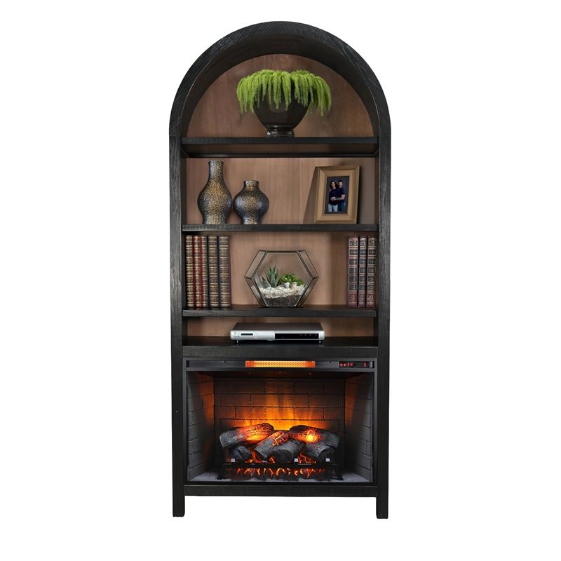 Pemberly Row Arched Wood Bookcase with Built-In Electric Fireplace