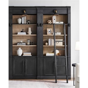 Pemberly Row 94&quot Tall 2-Piece Bookcase Wall with Ladder and Lighting in Black