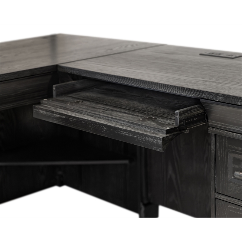 Pemberly Row Double Pedestal L-Desk with Keyboard Drawers in Ebony Black