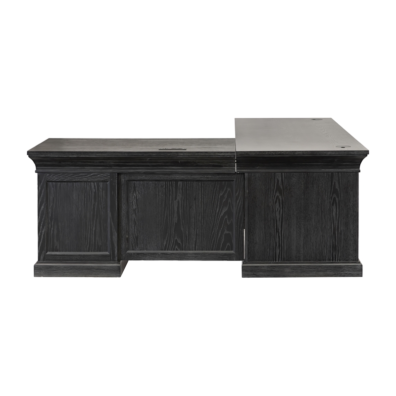 Pemberly Row Double Pedestal L-Desk with Keyboard Drawers in Ebony Black
