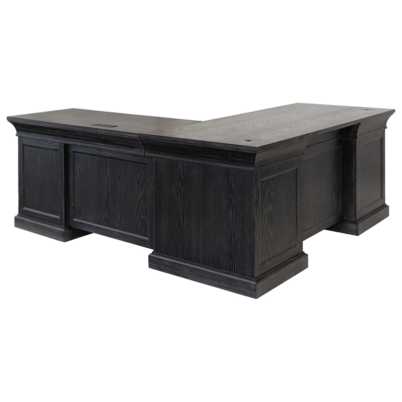 Pemberly Row Double Pedestal L-Desk with Keyboard Drawers in Ebony Black