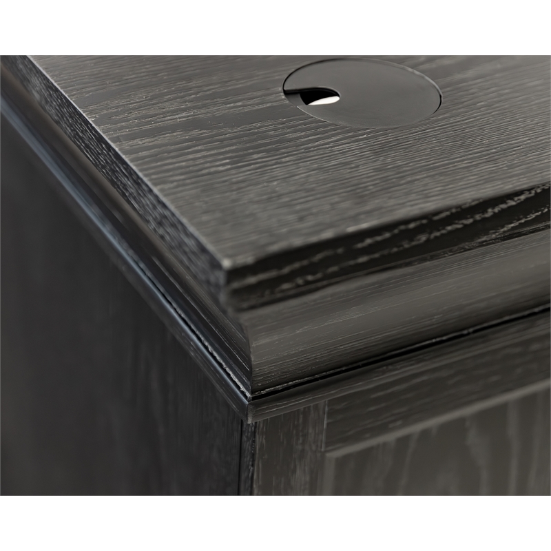 Pemberly Row Double Pedestal L-Desk with Keyboard Drawers in Ebony Black