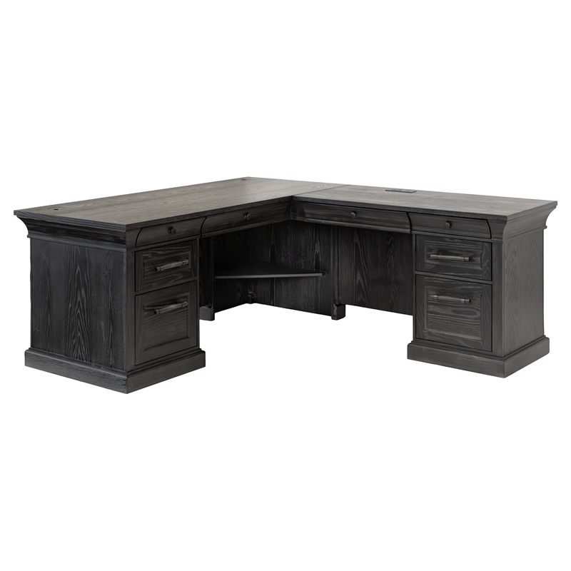Pemberly Row Double Pedestal L-Desk with Keyboard Drawers in Ebony Black