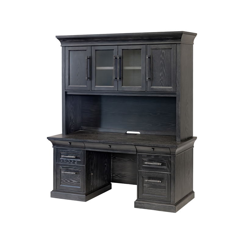 Pemberly Row Traditional Wood Executive Credenza and Hutch Set in Black