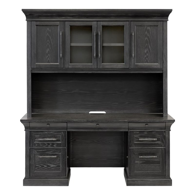 Pemberly Row Traditional Wood Executive Credenza and Hutch Set in Black