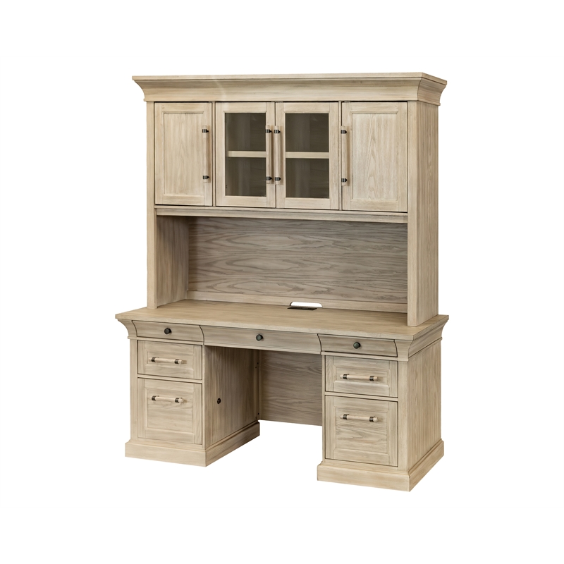 Pemberly Row Traditional Wood Executive Credenza and Hutch Set in Natural Oak