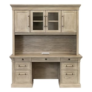 Pemberly Row Traditional Wood Executive Credenza and Hutch Set in Natural Oak