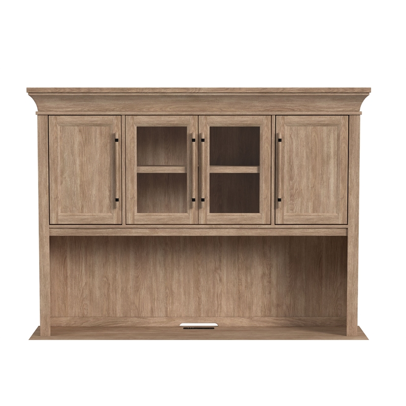Pemberly Row Wood Executive Hutch with Glass and Wood Doors in Natural Oak