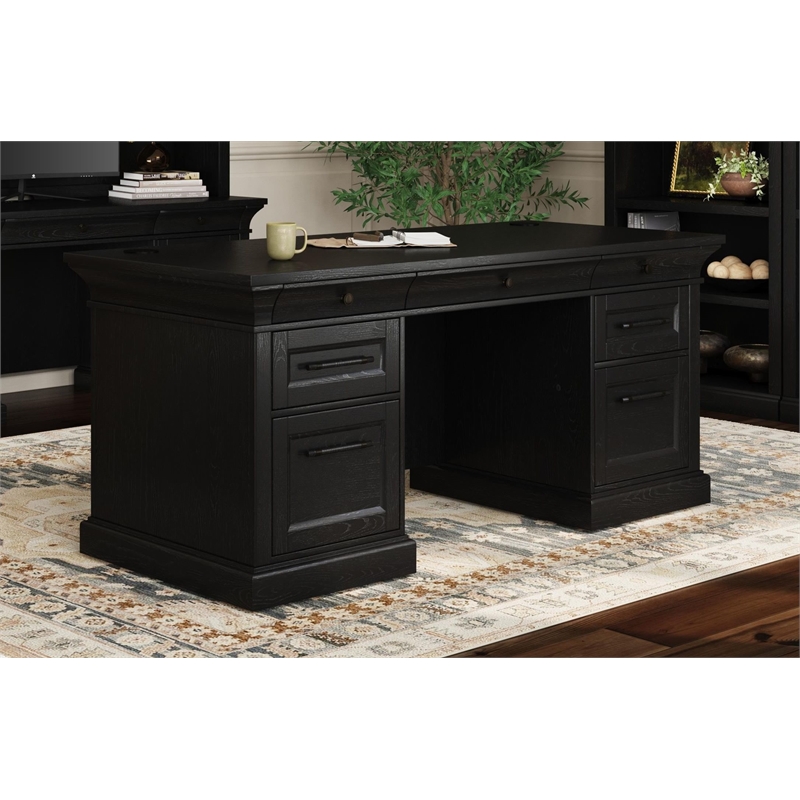 Pemberly Row Traditional Wood Double Pedestal Executive Desk in Black