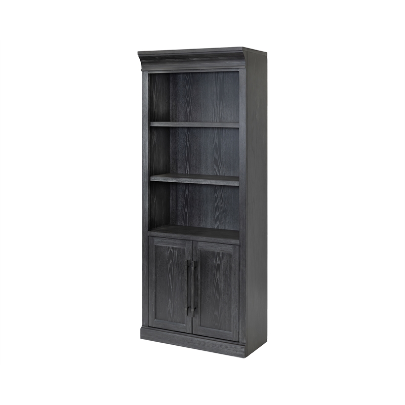Pemberly Row Wood Bookcase with Doors and Adjustable Shelves in Black
