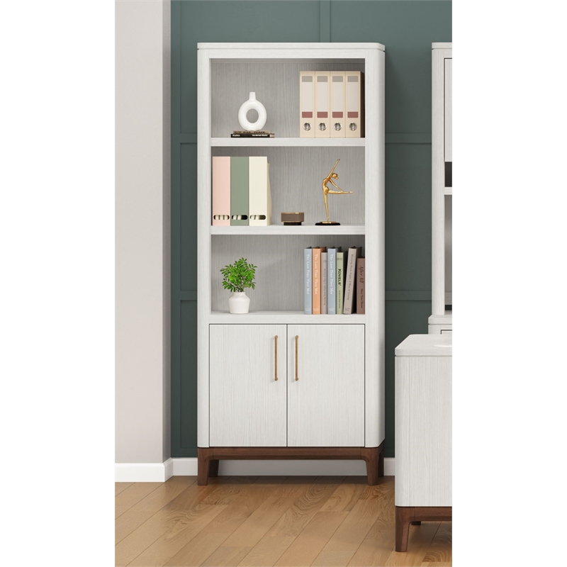 Pemberly Row Contemporary Laminate Wood Bookcase with Doors in Soft White