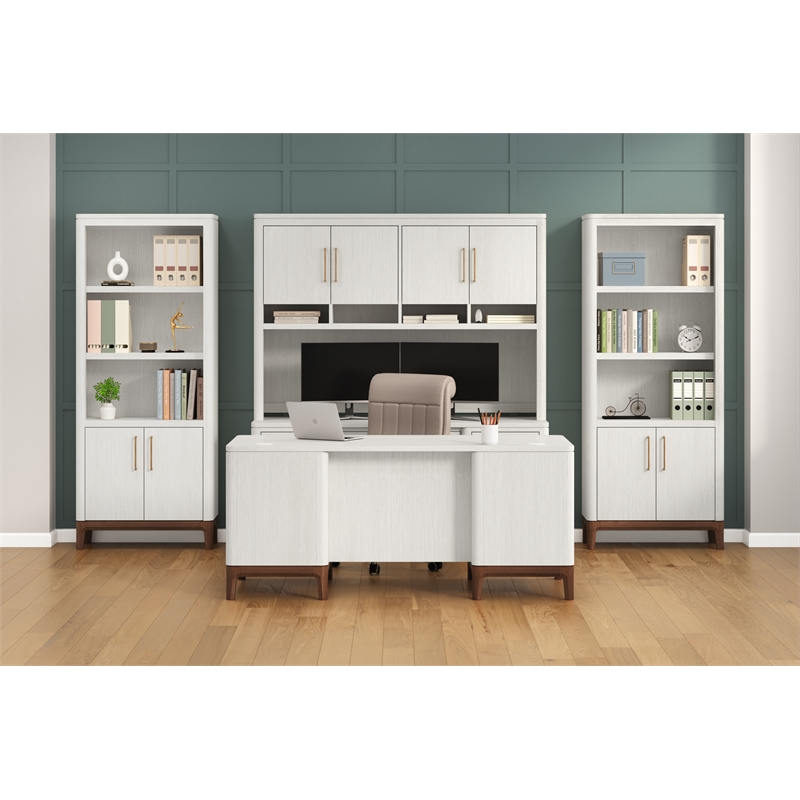Pemberly Row Contemporary Laminate Wood Bookcase with Doors in Soft White