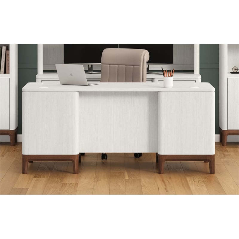 Pemberly Row Contemporary Laminate Double Pedestal Executive Desk in Soft White