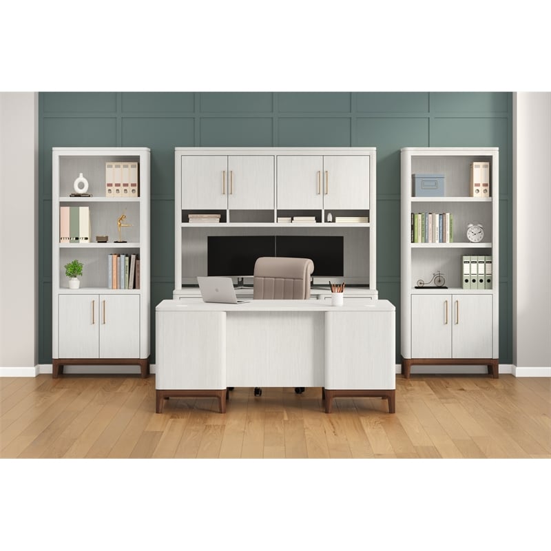 Pemberly Row Contemporary Laminate Double Pedestal Executive Desk in Soft White