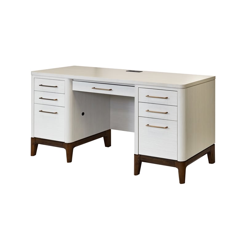Pemberly Row Contemporary Laminate Credenza Desk and Hutch Set in Soft White