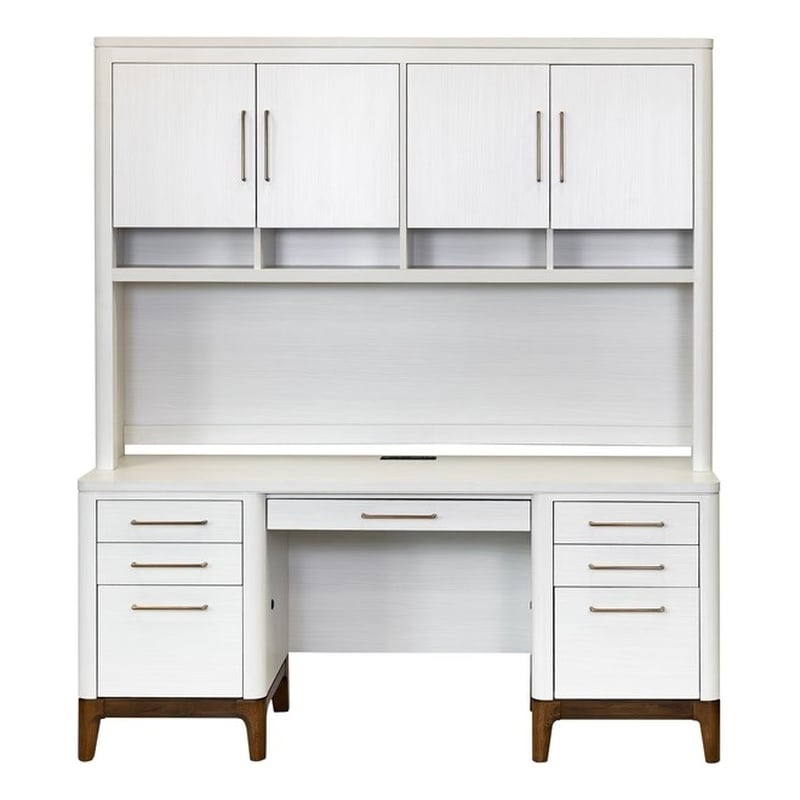 Pemberly Row Contemporary Laminate Credenza Desk and Hutch Set in Soft White