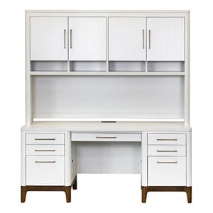 Pemberly Row Contemporary Laminate Credenza Desk and Hutch Set in Soft White