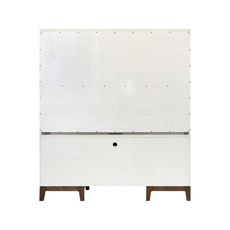 Pemberly Row Contemporary Laminate Credenza Desk and Hutch Set in Soft White