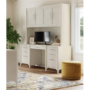 Pemberly Row Wood Credenza Desk w/ Hutch & File Drawers Fully Assembled in White