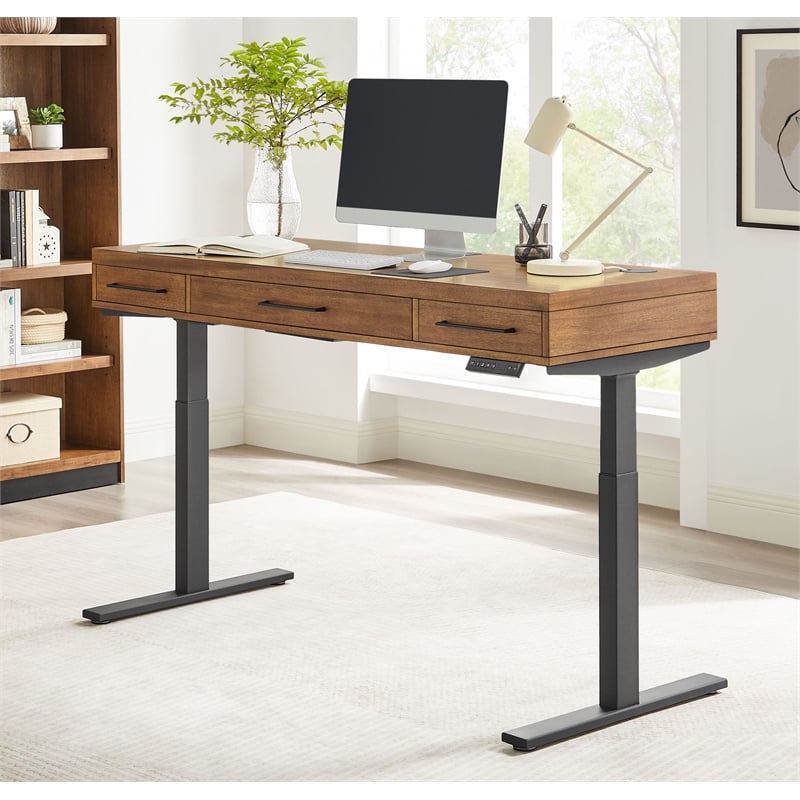 Pemberly Row Acacia Wood Electric Sit-Stand Desk with Power Center in Brown