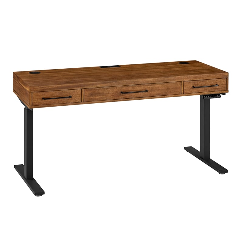 Pemberly Row Acacia Wood Electric Sit-Stand Desk with Power Center in Brown