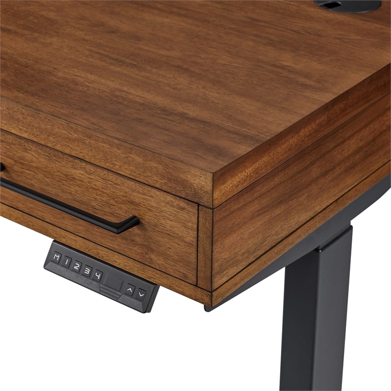 Pemberly Row Acacia Wood Electric Sit-Stand Desk with Power Center in Brown