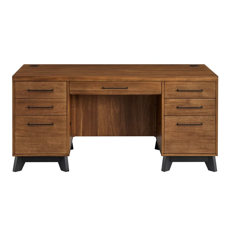 Pemberly Row Wood Double Pedestal Executive Desk with Locking Files in Brown